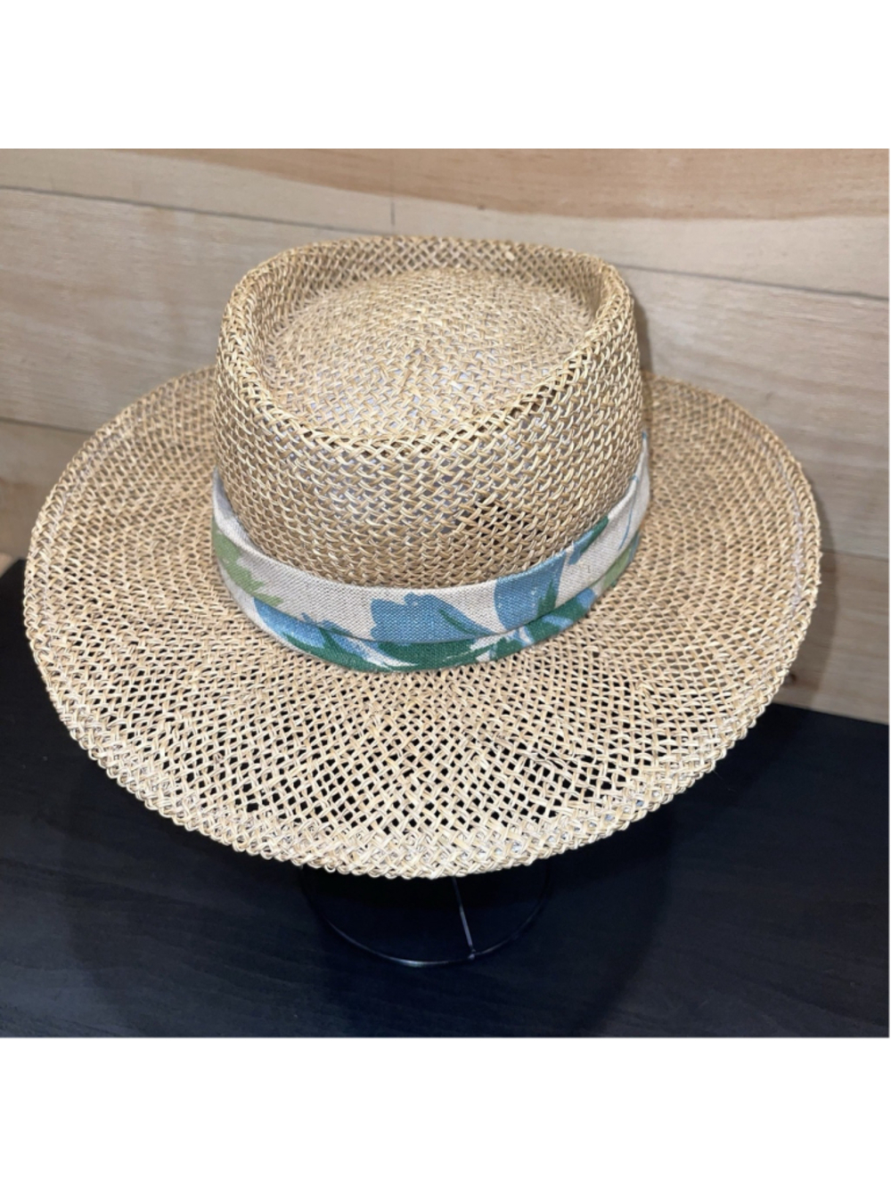 Vintage 90s Womens Woven Straw Panama Sun Hat Wide Brim Floral Band USA OSFM